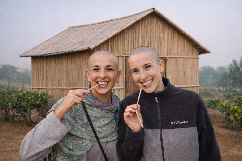 Two women laughing while holding neem sticks
