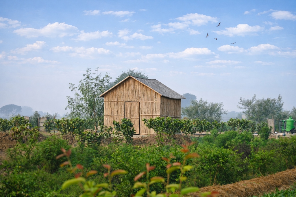 Small rustic farm hut amidst green crops