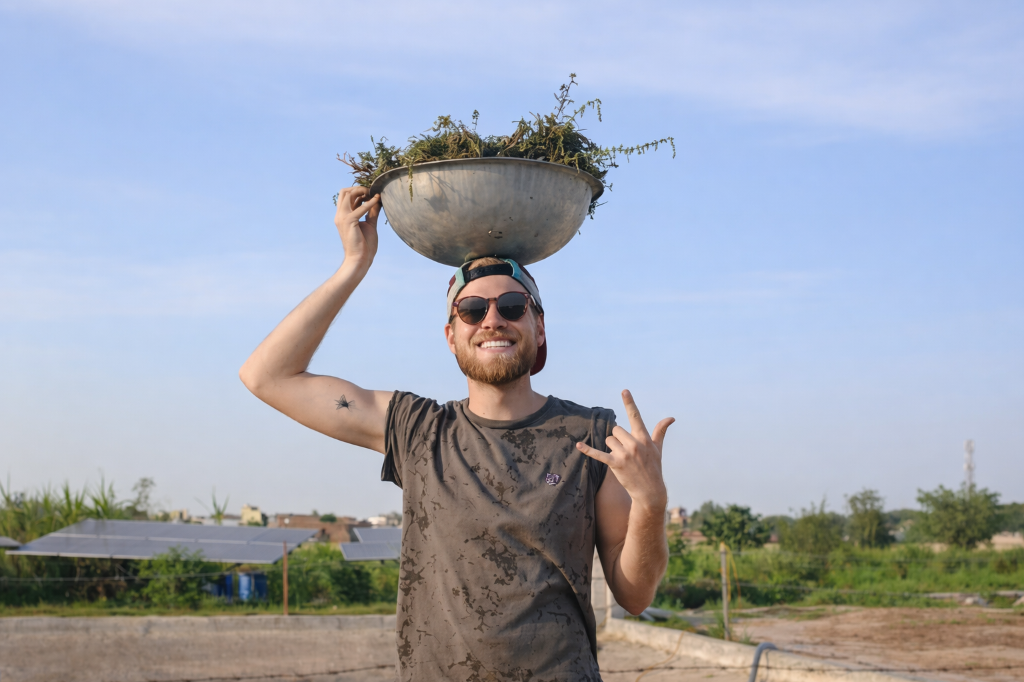 Man carrying fodder basket on his head smiling