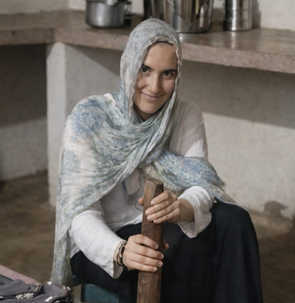 Woman churning butter using traditional wooden madhani