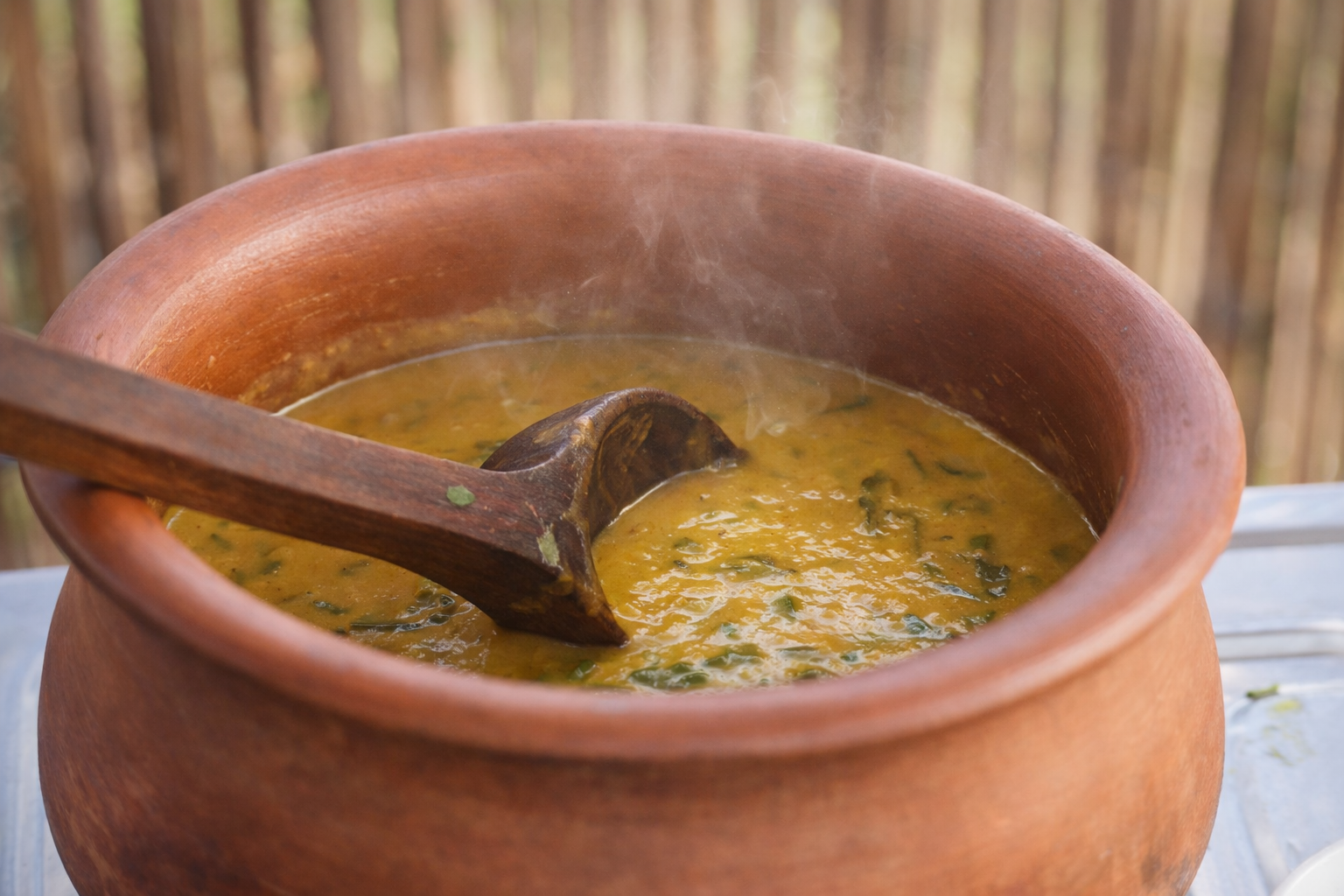 Clay pot with golden milk or curry cooking