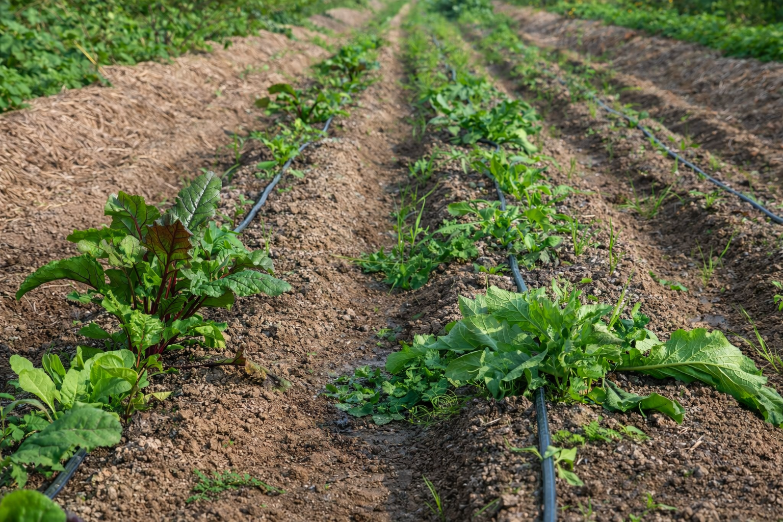 Rows of green leafy crops in a field