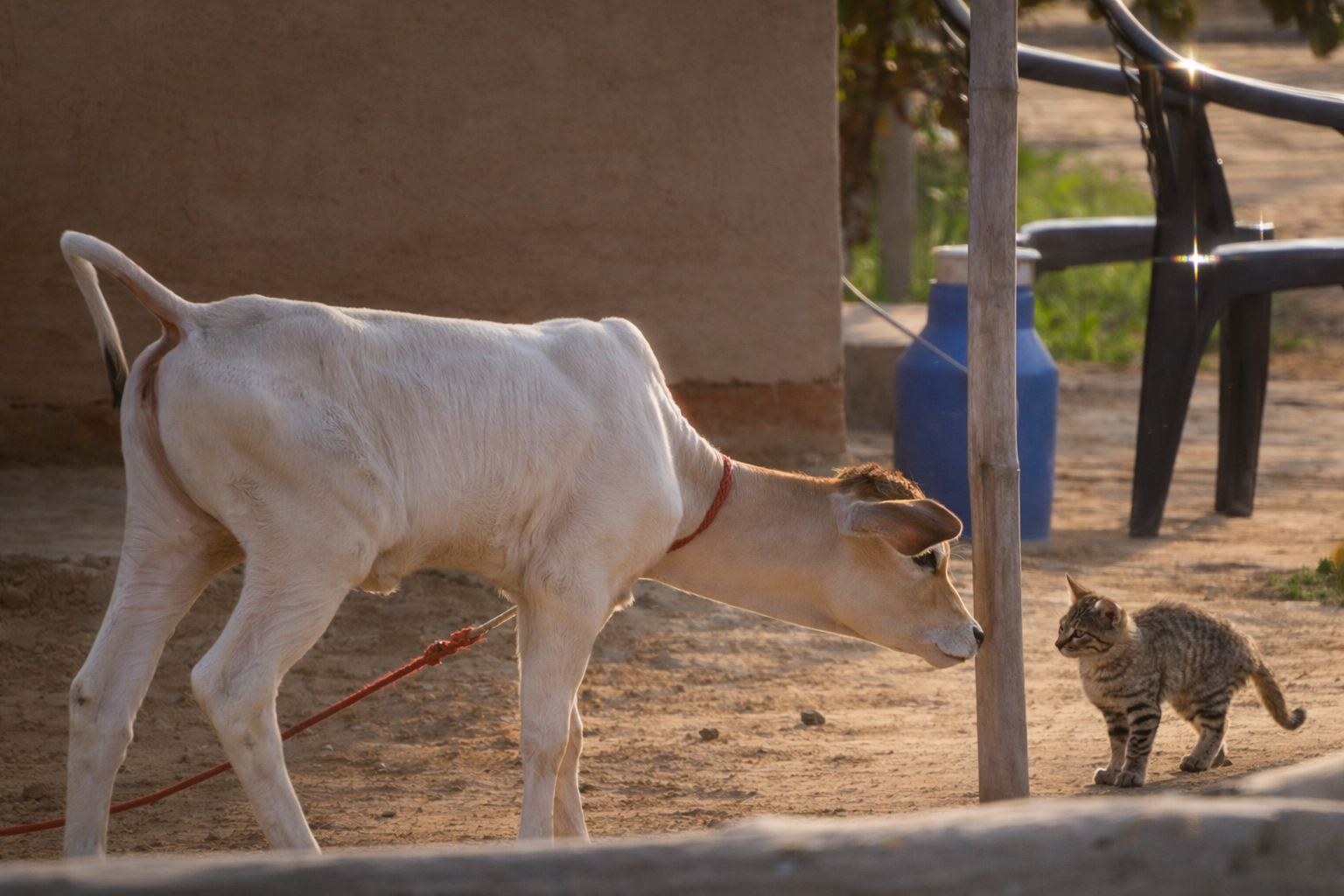 White calf standing near a charpai
