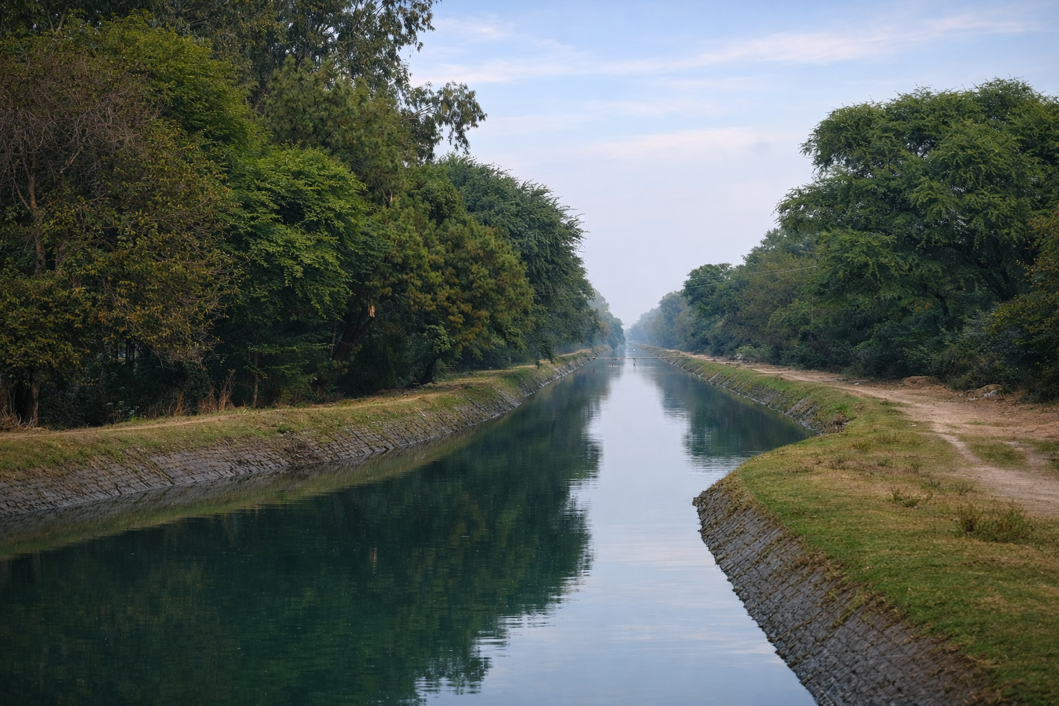 Calm water canal flowing through greenery