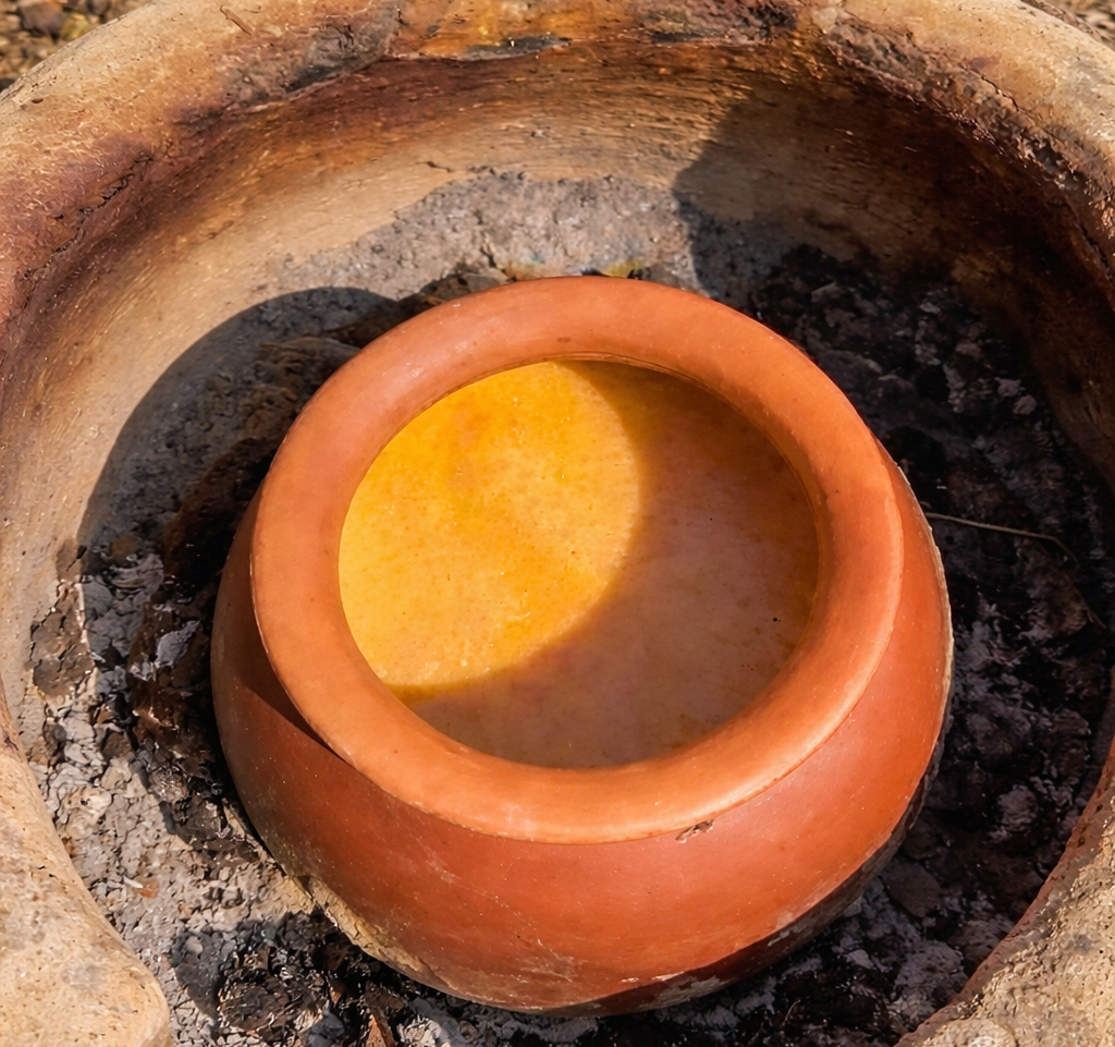 Milk boiling in an earthen pot on a chulha