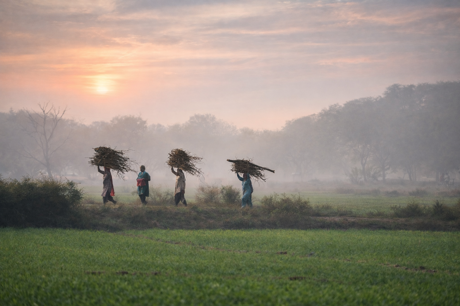 People walking through misty fields at sunrise