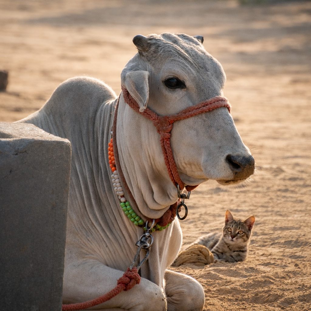 White cow resting calmly on the ground