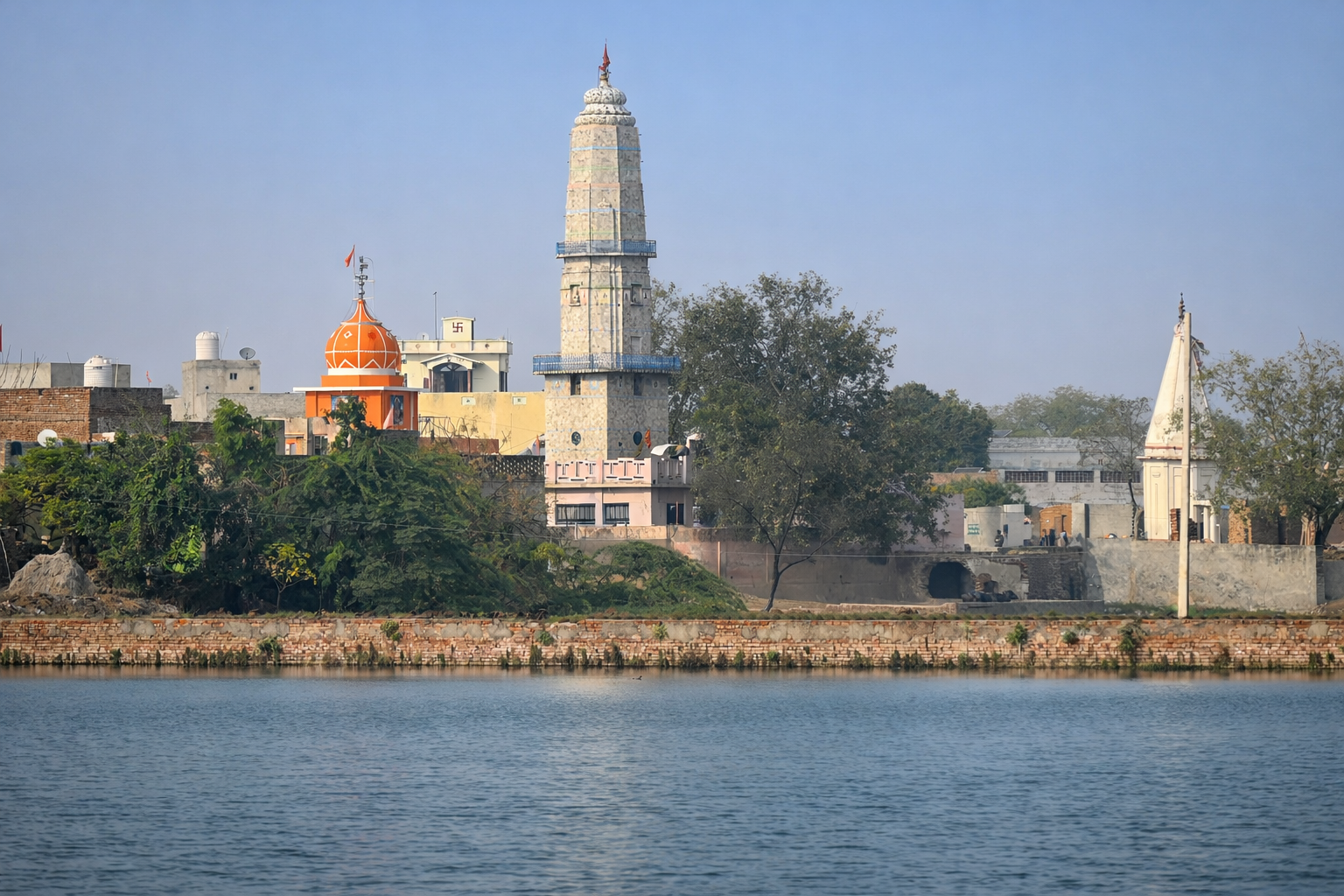 Temple spire visible across a water body